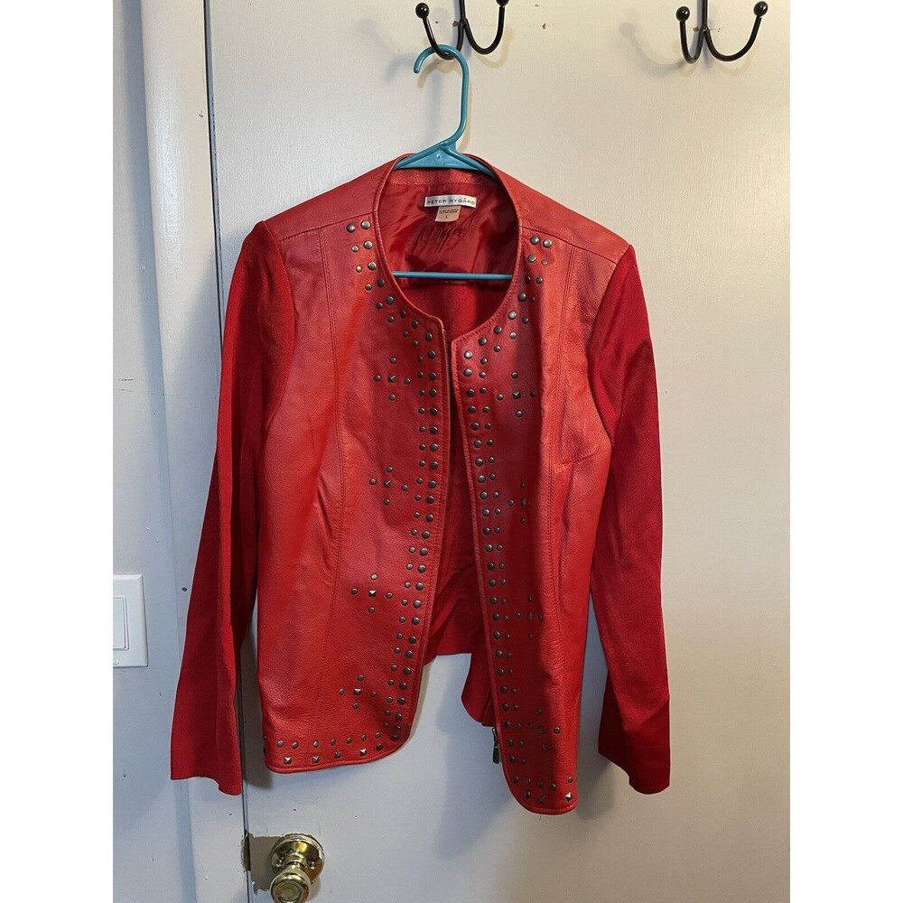 Peter Nygard Jacket Womens Large Red Leather Knit Zip Ruffled Studded Moto Rock